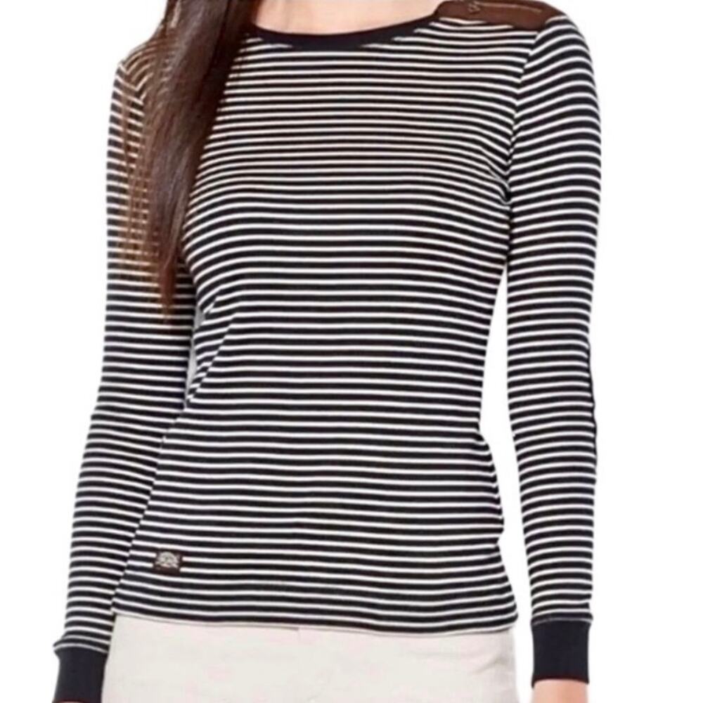 VTG Lauren Ralph Lauren Navy White Striped Leather Elbow Patch Long Sleeve Tee S